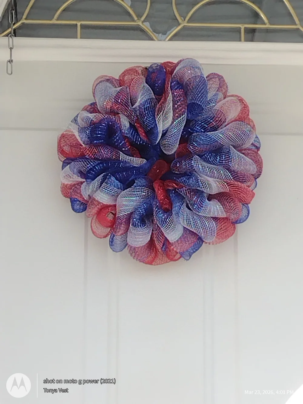 Patriotic Red, White & Blue Holiday Mesh Wreath